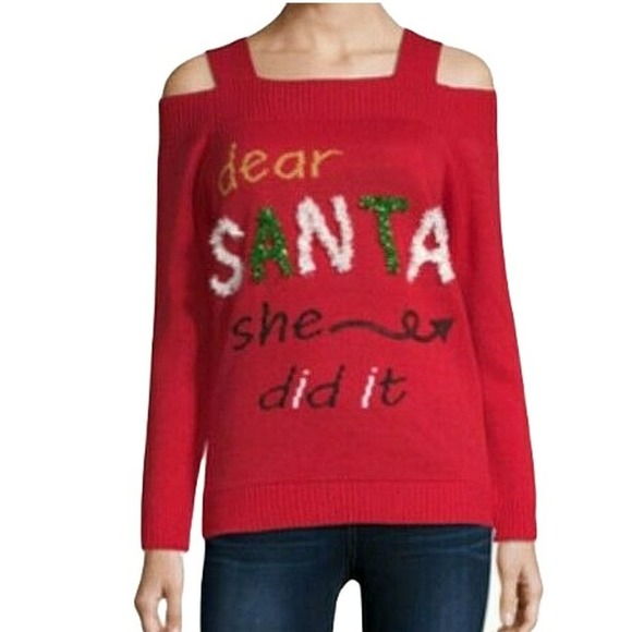 NEW Derek Heart Women's Red Dear Santa She Did It Cold Shoulder Sweater Medium - Picture 1 of 6